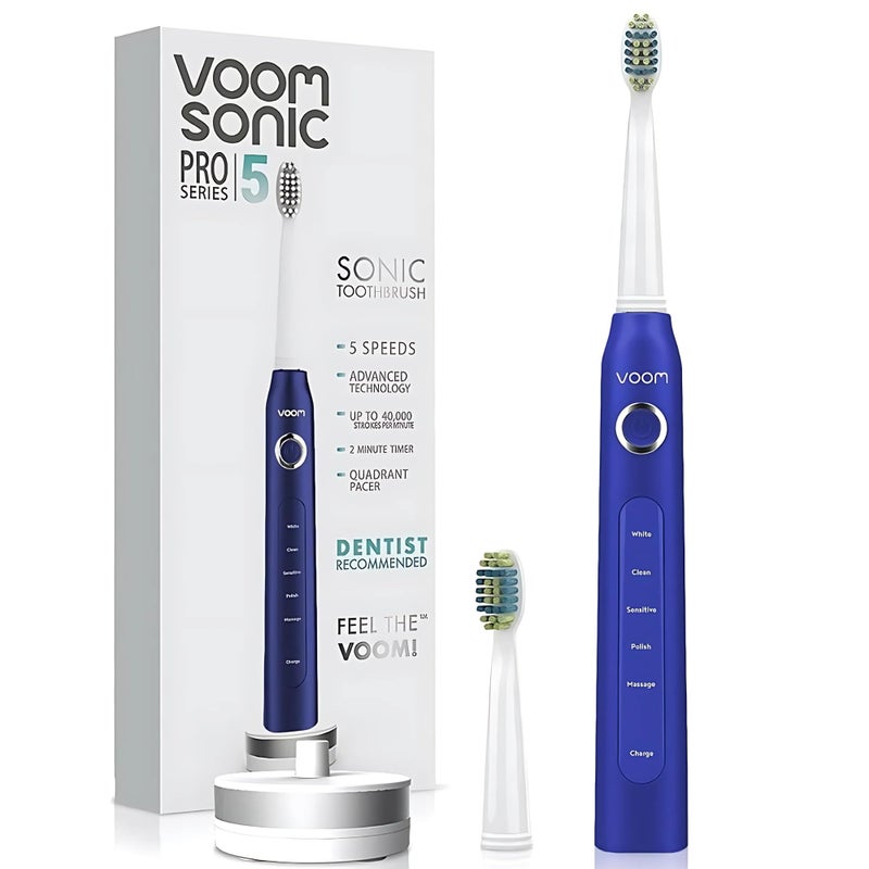 Voom Sonic Pro 5 Series Rechargeable Electronic Toothbrush Dentist Recommended Advanced Oral Care 2 Minute Timer with Quadrant Pacing 5 Adjustable Speeds Soft Dupont Nylon Bristles Blue